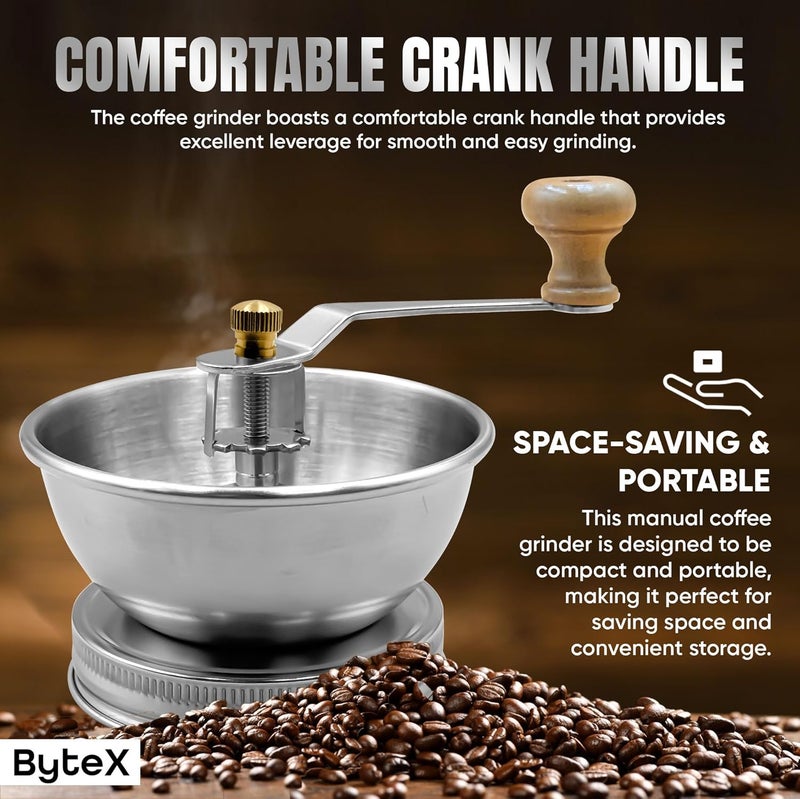 ByteX Stainless Steel Coffee Grinder Lid Attachment for Regular Mouth Mason Jars - Manual Crank Burr Grinder for Fresh Coffee, Ideal for Camping, Home Barista, Rust Proof Ceramic Mechanism (Wide) - Image 4